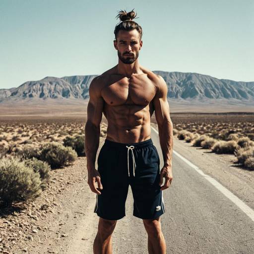 Wiry Man with Man Bun Standing on Desert Road