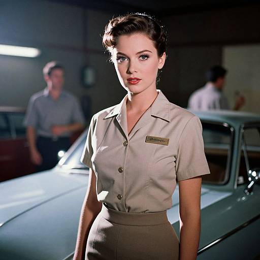 Vintage-style photograph of a fair-skinned woman with red lipstick, dark hair, and a beige uniform standing in a dimly lit garage next to a