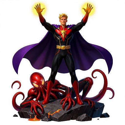 Heroic Male Superhero vs. Monstrous Threat