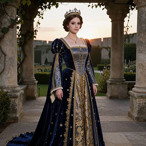 Photograph of a fair-skinned woman with dark hair, wearing a detailed, navy velvet gown with gold embroidery, and a silver crown, standing in