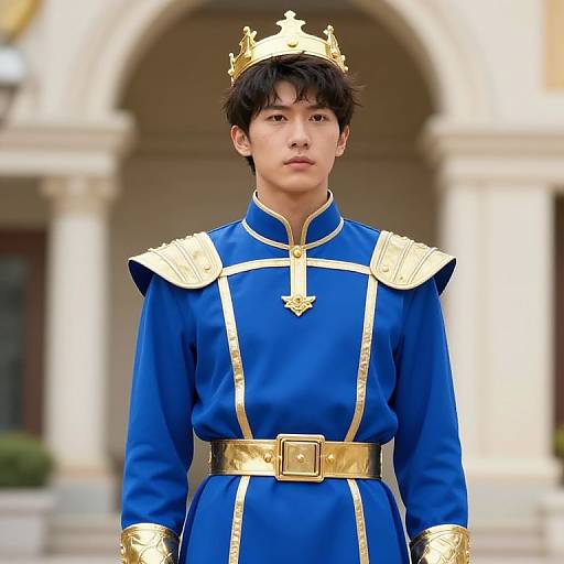Photograph of a young Asian man in a royal blue military-style uniform with gold accents, crown, and belt, standing in front of a blurred architectural
