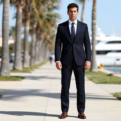 Handsome Man in Navy Suit on Sunny Sidewalk