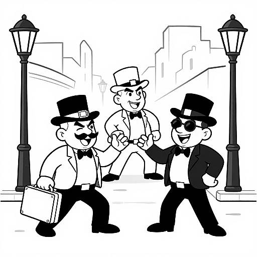 Black-and-white cartoon of three men in hats and bow ties, one holding a briefcase, walking on a city street with lampposts.