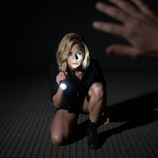 Intense Crouching Blonde with Flashlight