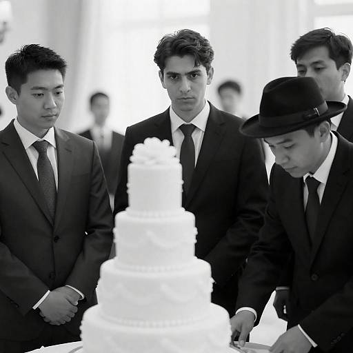 Vintage Men with Ornate Tiered Cake