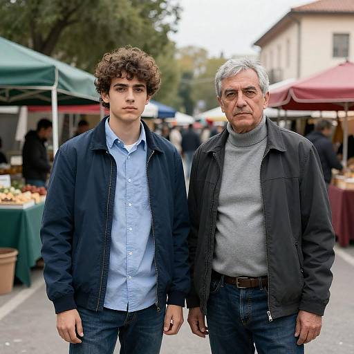 Serious Men at Outdoor Market Scene