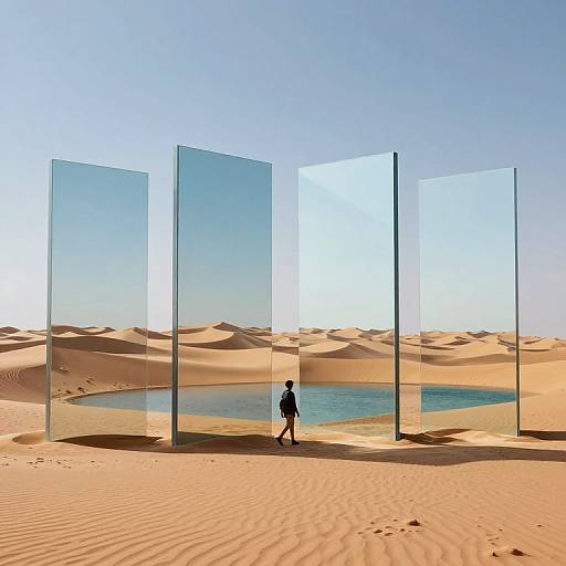 Surreal Desert with Reflective Glass Panels