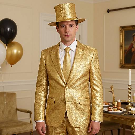 Photograph of a young man in a shimmering gold suit, matching top hat, and white shirt, standing in an elegant room with gold balloons and