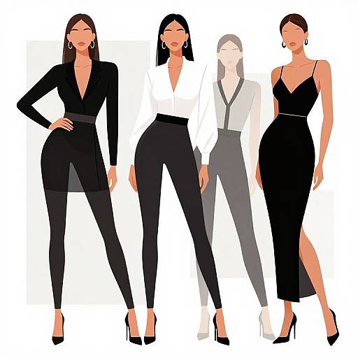 Digital illustration of five stylish women in black, white, and gray business outfits with high heels, standing against a white background.