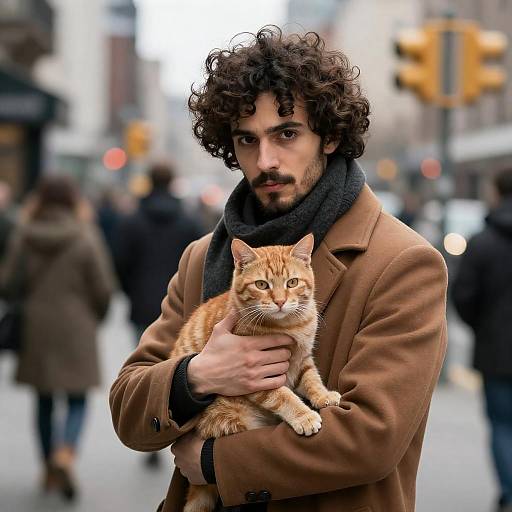 Man Holding Orange Tabby Cat in City
