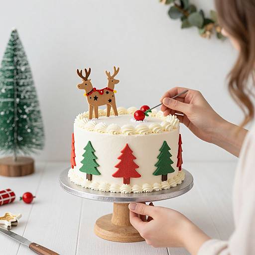 Photograph of a festive Christmas cake with reindeer and tree toppers, decorated in red and green, being adorned with a red cherry by a person