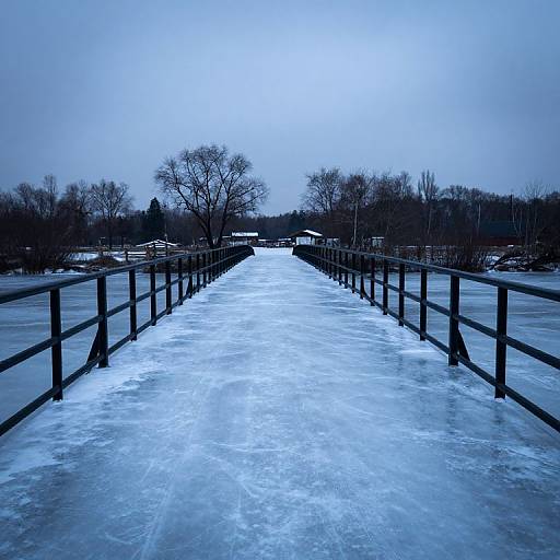 Photograph of a frozen, icy bridge with black railings stretching into a winter landscape of leafless trees under a pale blue, overcast sky.