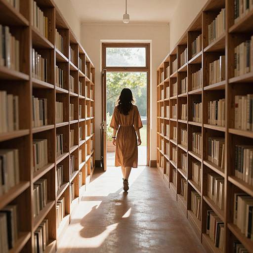 Photograph of a woman in a beige dress walking down a sunlit, wooden bookshelf-lined library aisle towards a bright door.