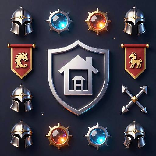 Digital art: Dark blue background with six metallic helmets, three glowing orbs (blue, orange, red), two red banners (dragon, lion), shield