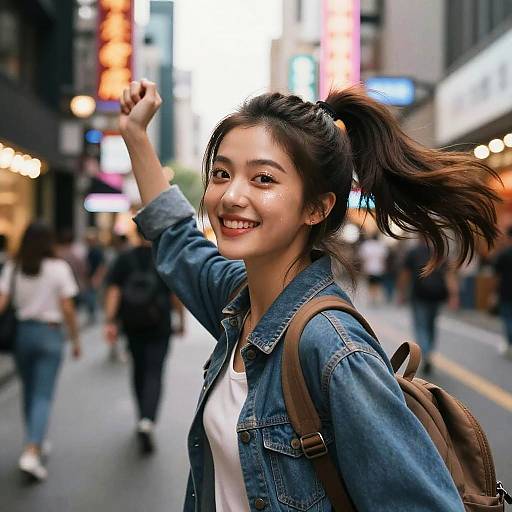 Photograph of a smiling Asian woman with dark hair in a ponytail, wearing a denim jacket and brown backpack, raising her hand in a busy,