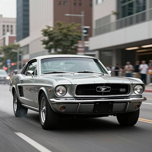 Photograph of a sleek, black 1970s Ford Mustang driving on a city street, with blurred urban buildings and pedestrians in the background.