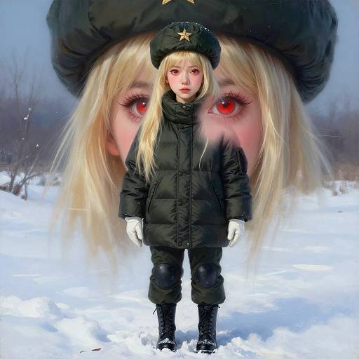 Photograph of a young blonde girl in black winter clothes, standing in snowy landscape, with large, intense red eyes in the background.