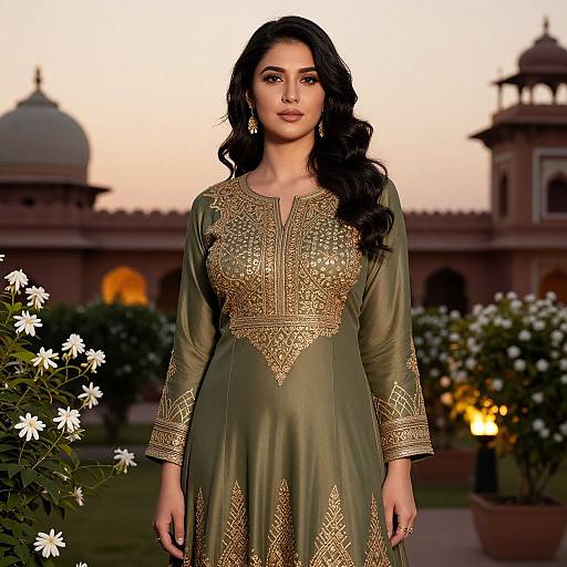 Photograph of a beautiful South Asian woman with long black hair, wearing an ornate olive green traditional kurti, standing in front of a sunset
