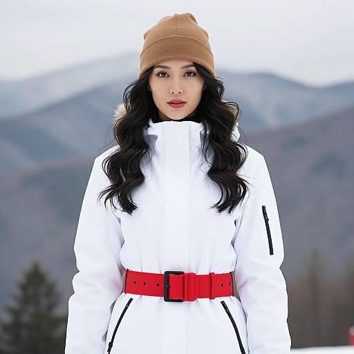 East Asian woman with long black hair, brown beanie, white coat, red belt, standing outdoors against blurred mountain background. Photographic style.