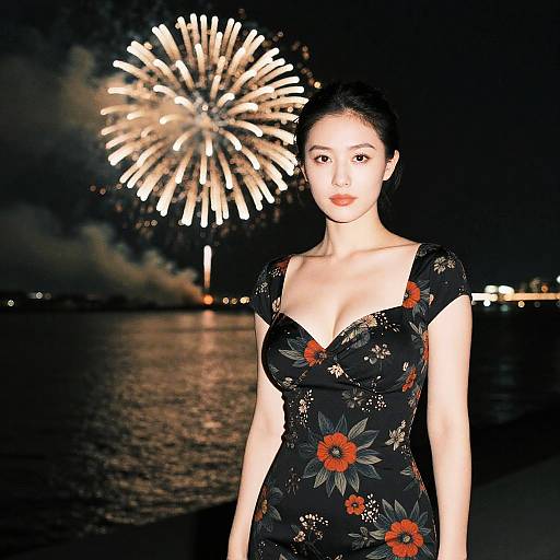 Woman in Floral Dress by Fireworks