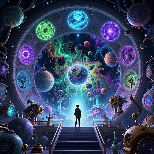 Digital artwork of a futuristic spaceship control room with vibrant, glowing planets and space anomalies. A silhouetted figure stands on stairs, surrounded by robots