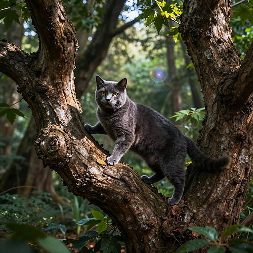 Photograph of a gray cat with yellow eyes, perched confidently on a gnarled tree branch in a sunlit forest.