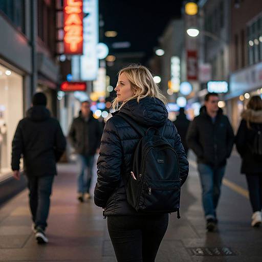 Photograph of a blonde woman in a black puffer jacket and backpack, standing on a brightly lit, busy urban street at night, surrounded by blurred