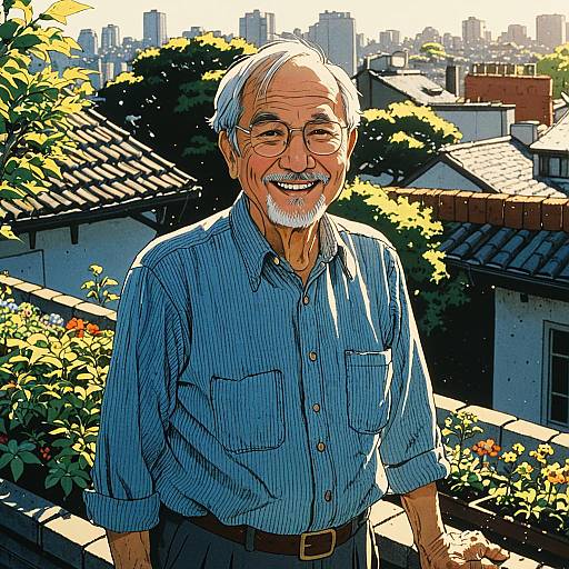 Cheerful Elderly Man in Rooftop Garden Illustration