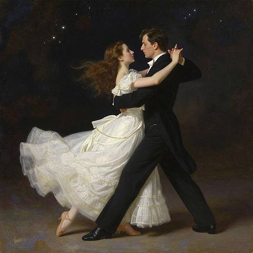 Photograph of a dancing couple: a woman in a white, flowing dress and ballet shoes, a man in a black suit, against a dark,