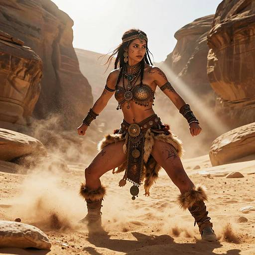Photograph of a fierce, dark-haired warrior woman in tribal attire, standing in a dusty, rocky desert canyon with sun rays. She wears a metal