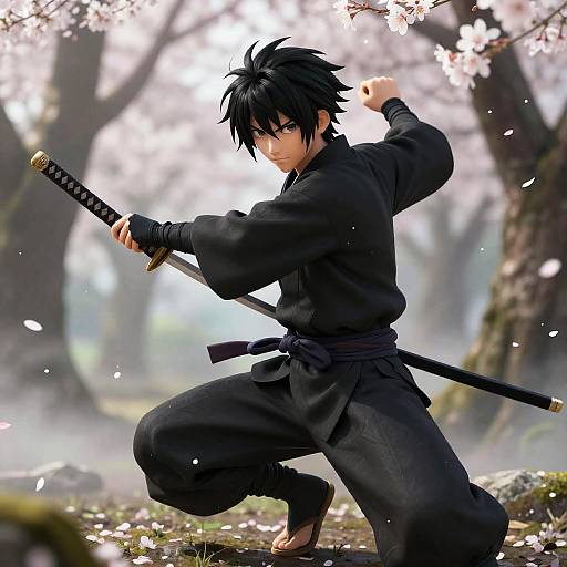 Anime-style drawing of a black-haired, young samurai in black kimono, crouching and drawing a katana in a cherry blossom forest.