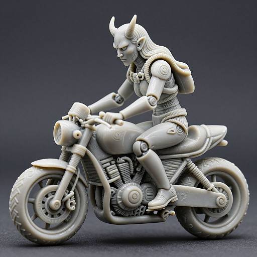 Photograph of a detailed, gray, robotic figure with horns riding a realistic, silver motorcycle against a dark, gradient background.