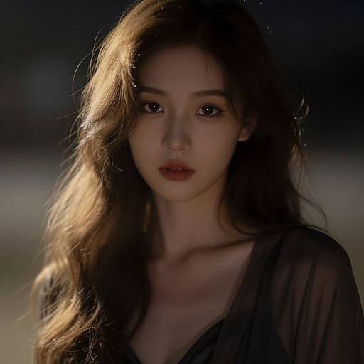Photorealistic portrait of a young Asian woman with long, wavy brown hair, fair skin, and dark eyes, wearing a sheer black top,
