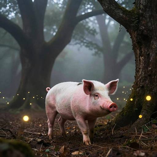 Enchanted Pig at Foggy Forest Edge