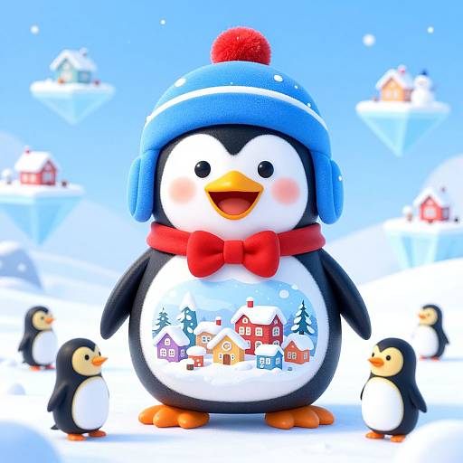 Colorful CGI penguin with blue hat, red bowtie, and snowy village on belly, surrounded by smaller penguins in snowy landscape.
