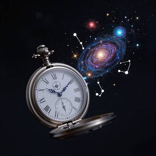 Photograph of a silver pocket watch with Roman numerals, open, against a dark background, surrounded by a colorful galaxy and stars.