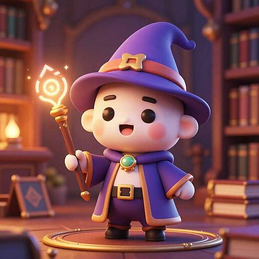 Chibi-style cartoon wizard with blue hat, cape, and blue outfit, holding a glowing wand, standing on a circular pedestal in a warm, library