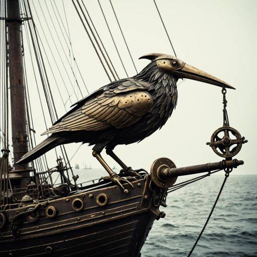 Bronze Mechanical Bird on Weathered Sailing Ship