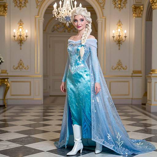 Woman in Elsa Costume in Opulent Room