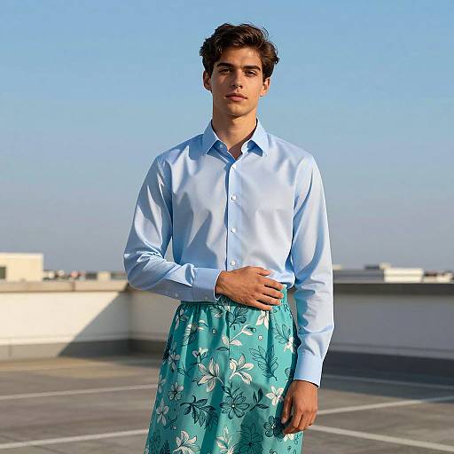 Young Man in Light Blue Shirt and Floral Dress on Rooftop