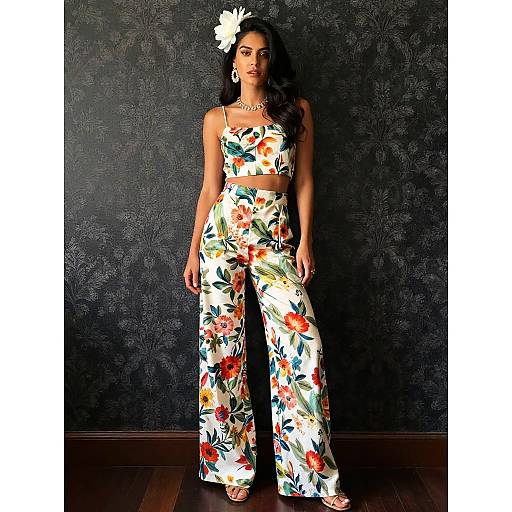 Photograph of a woman with dark hair, wearing a floral crop top and high-waisted pants, white flower in hair, against a textured black