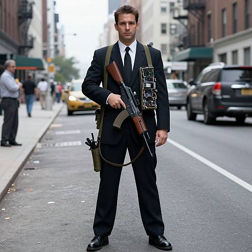 Photograph of a serious man in a black suit, white shirt, and tie, holding a rifle, standing on a city street with cars and buildings