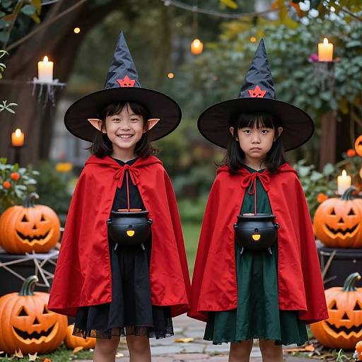 Photograph of two Asian girls in witch costumes with black hats, red capes, green dresses, and pumpkin buckets, standing in a Halloween-themed garden