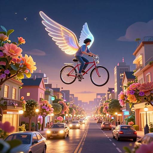 Whimsical Winged Bicycles Over Cityscape