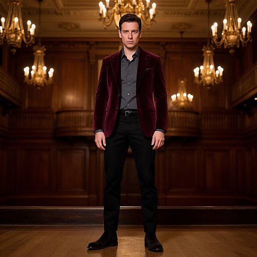 Photograph of a handsome man with short dark hair, wearing a dark purple velvet blazer, black shirt, and pants, standing confidently in a dim