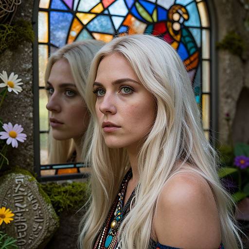 Photograph of a blonde woman with long hair, blue eyes, and serious expression, standing in front of a colorful stained glass window, with dais