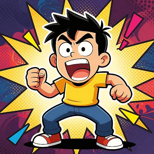 Cartoon-style drawing of an angry, black-haired boy with wide eyes, clenched fists, yellow shirt, blue jeans, and red shoes, against