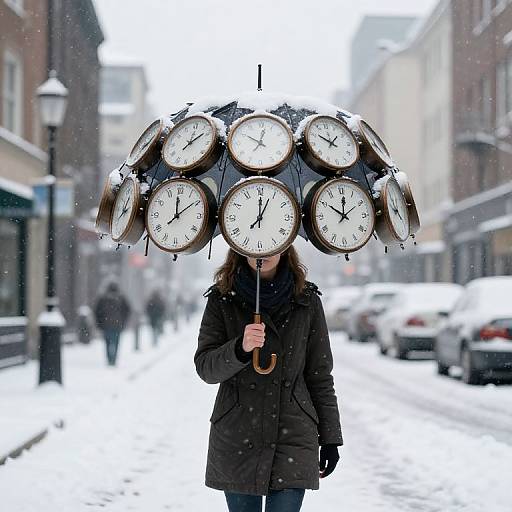 Photograph of a woman in a black coat holding a multi-clock umbrella on a snowy urban street, with blurred pedestrians and cars in the background.