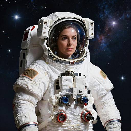 Female Astronaut in Space Suit with Starry Background