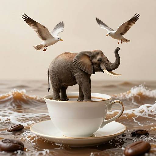 Photograph of a small elephant standing in a white teacup on a saucer, surrounded by flying seagulls, with coffee beans and ocean
